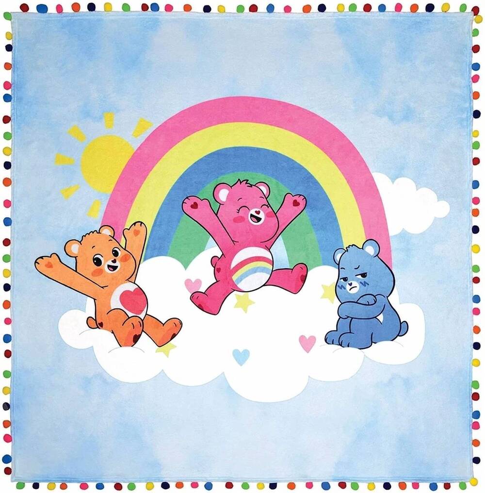 NEW ISCREAM kid's care bears pom pom plush blanket in blue